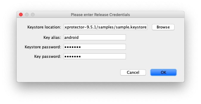 DexProtector signing options, keystore, key and passwords